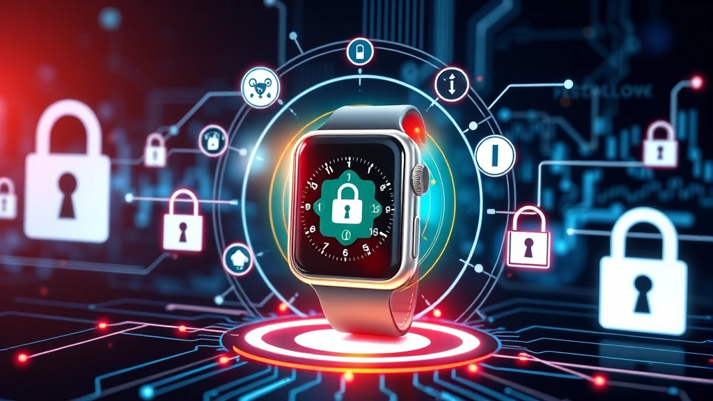 Photorealistic image of cybersecurity protection concept showing a shielded Apple Watch device surrounded by security icons and protective barriers, digital security visualization, professional product photography style, no text overlays or code