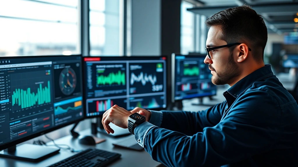 Professional cybersecurity analyst examining Apple Watch on secure workstation with multiple monitors displaying threat intelligence dashboards and security metrics in modern office environment