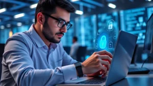 Professional cybersecurity analyst examining secure payment interface on laptop with Apple Watch displayed, holographic security elements floating around, blue-tinted lighting, modern tech workspace environment