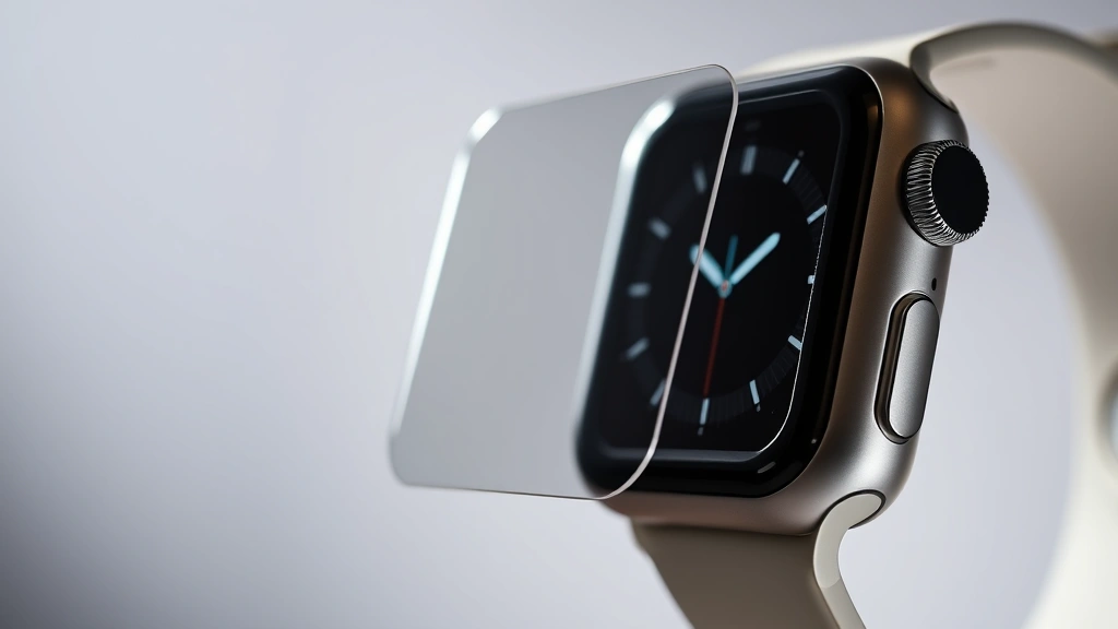 Close-up of premium Apple Watch protective case with advanced materials, showing secure band locking mechanism and privacy screen protector in professional photography studio lighting