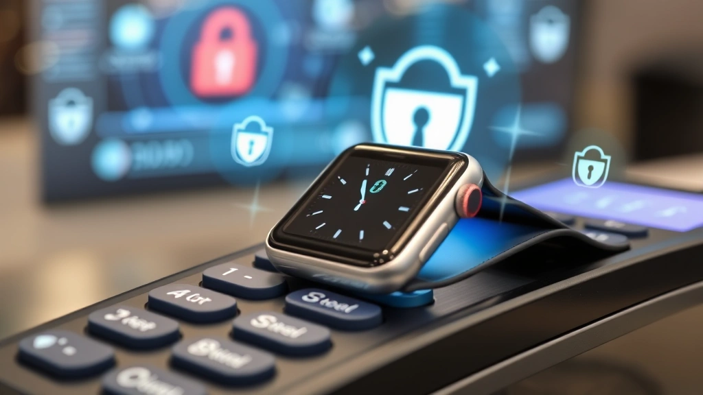Close-up of Apple Watch on secure payment terminal with encryption lock symbols and shield icons surrounding the device, digital security visualization in background, professional commerce setting