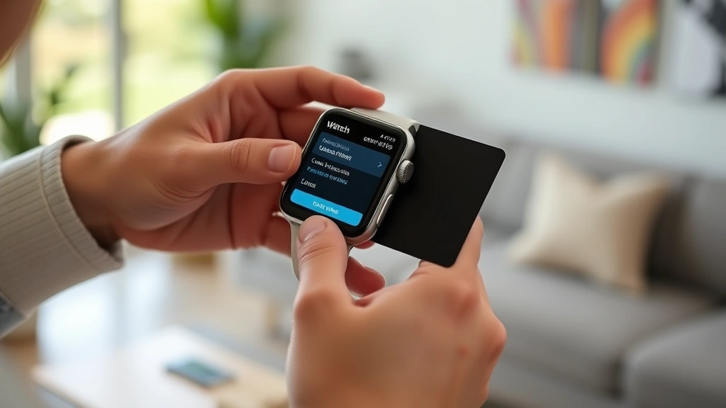 Person reviewing payment security settings on Apple Watch display while holding credit card, demonstrating financial protection practices in contemporary residential setting with soft natural lighting