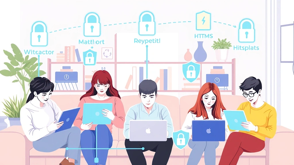 Diverse group of secure online shoppers at home using various devices with visible security indicators, VPN connection symbols, HTTPS padlocks, and protective digital barriers around their transactions