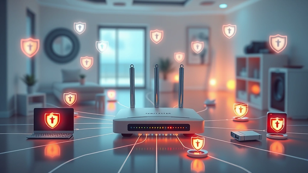 Photorealistic image of a modern smart home network showing a central router with multiple connected IoT devices like smart appliances, displayed with glowing connection lines and shield icons representing security protection layers