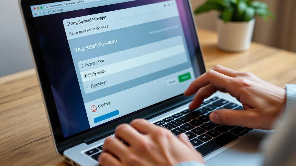 Detailed view of a person's hands typing a strong password on a laptop keyboard, with a password manager interface visible on screen showing secure credential storage for multiple smart home devices