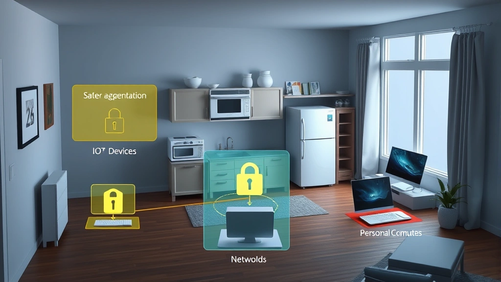 Photorealistic illustration of a home network diagram with appliances isolated in a separate security zone using network segmentation, with visual barriers showing data flow protection between IoT devices and personal computers