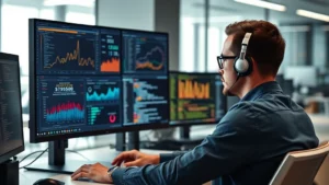 Professional cybersecurity expert analyzing code on multiple monitors with security dashboards displaying vulnerability metrics and threat indicators in a modern corporate office