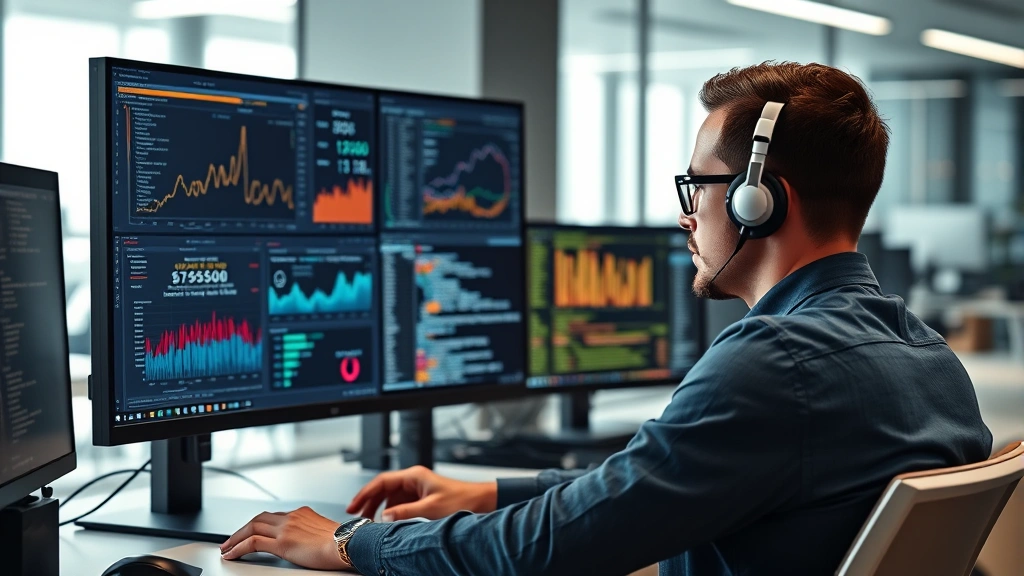 Professional cybersecurity expert analyzing code on multiple monitors with security dashboards displaying vulnerability metrics and threat indicators in a modern corporate office