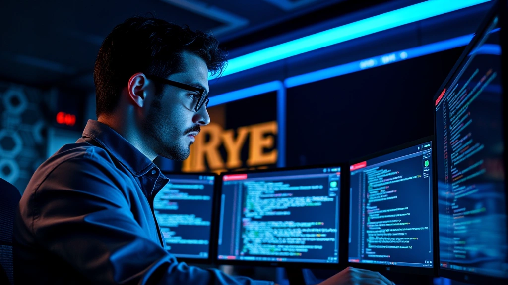 Cybersecurity professional analyzing code on multiple monitors in secure operations center, focused expression, modern office environment with blue ambient lighting