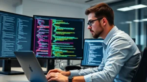 Professional security analyst reviewing code on multiple monitors in a modern office, focusing on laptop screen, neutral lighting, cybersecurity professional environment