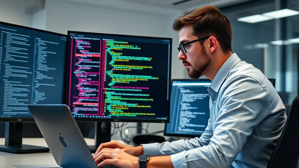 Professional security analyst reviewing code on multiple monitors in a modern office, focusing on laptop screen, neutral lighting, cybersecurity professional environment