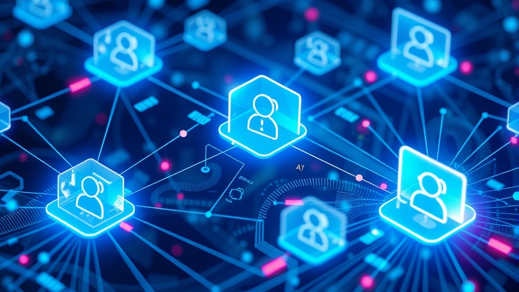 Network diagram visualization showing interconnected application components with security barriers and threat detection indicators, abstract digital aesthetic