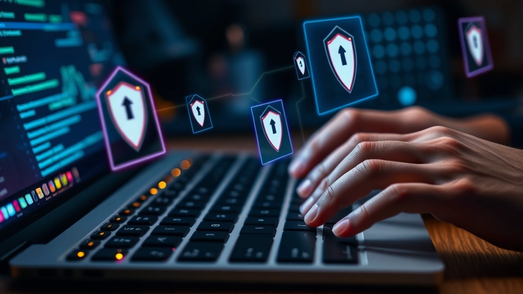 Close-up of hands typing on keyboard with holographic security threat indicators floating above desk, representing vulnerability detection and analysis work