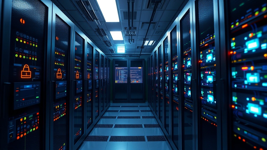 Data center server room with glowing security nodes and network connections, illustrating application infrastructure protection and continuous security monitoring systems