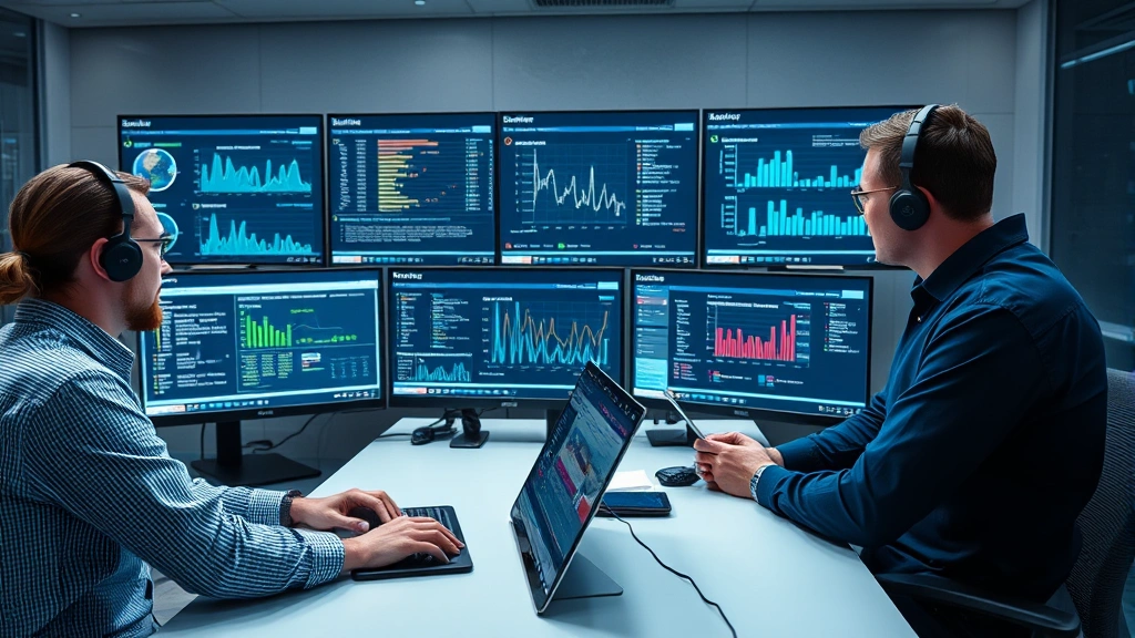 Security team conducting penetration testing session, multiple analysts reviewing dashboards displaying vulnerability scans and threat metrics in collaborative workspace