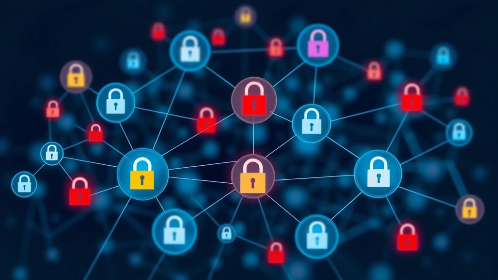 Network visualization showing interconnected nodes with security locks and threat indicators, representing application security assessment of complex systems
