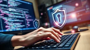 Close-up of developer hands typing on keyboard with security-related holographic overlays and shield icons floating in the air, modern office desk environment with dual monitors showing code