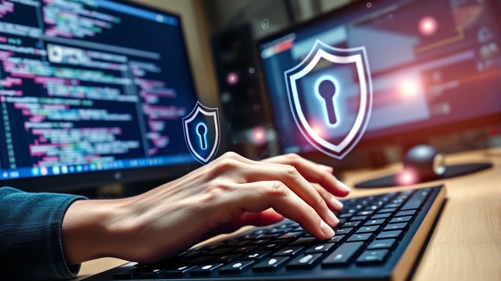 Close-up of developer hands typing on keyboard with security-related holographic overlays and shield icons floating in the air, modern office desk environment with dual monitors showing code
