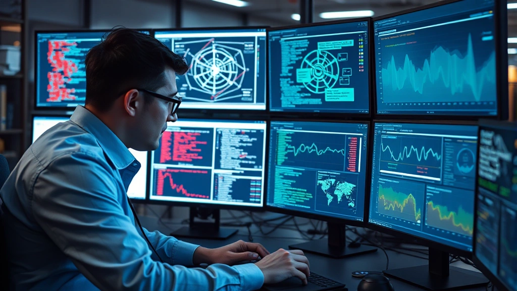 Security professional analyzing code vulnerabilities on multiple high-resolution monitors with network diagrams, threat assessment dashboards, and security metrics displayed in real-time