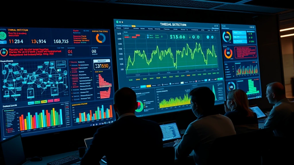 Cybersecurity team monitoring real-time threat detection dashboard with security alerts, network activity visualization, and incident response metrics glowing on large wall-mounted displays