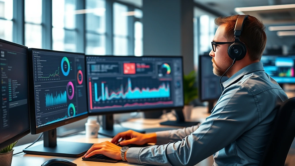 Professional security engineer working at computer with multiple monitors displaying security dashboards, vulnerability assessments, and threat analysis data in a modern office environment