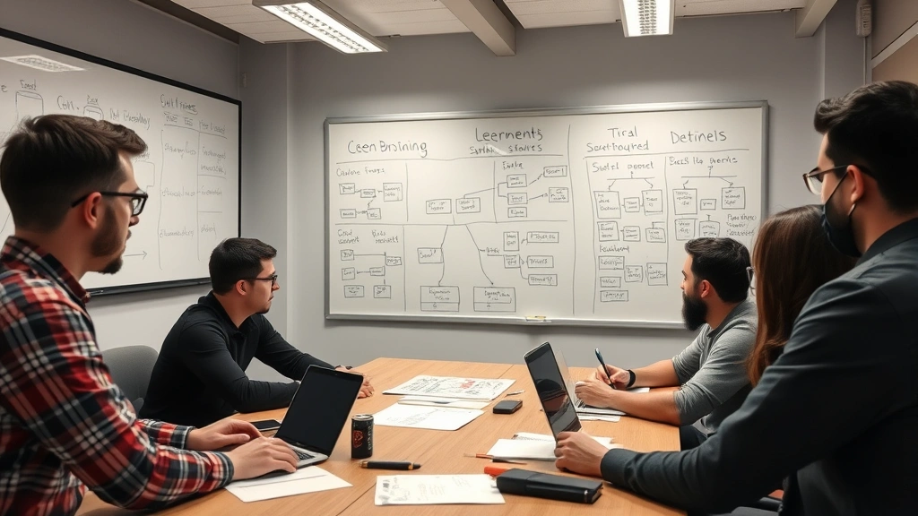 Diverse team of developers and security professionals collaborating during a threat modeling session, with whiteboard diagrams of system architecture and threat trees visible