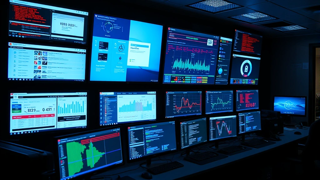 Security operations center with wall of monitors showing real-time security alerts, threat detection systems, and incident response dashboards with network traffic visualization