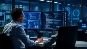 Professional cybersecurity analyst working at dual monitors analyzing code vulnerabilities and security dashboards, modern office environment with blue security interface glows, photorealistic