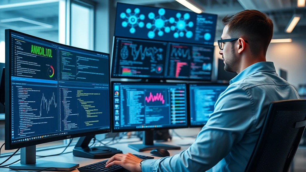 Cybersecurity professional analyzing code on multiple monitors in modern office, displaying security metrics and vulnerability dashboards with network diagrams in background, professional atmosphere
