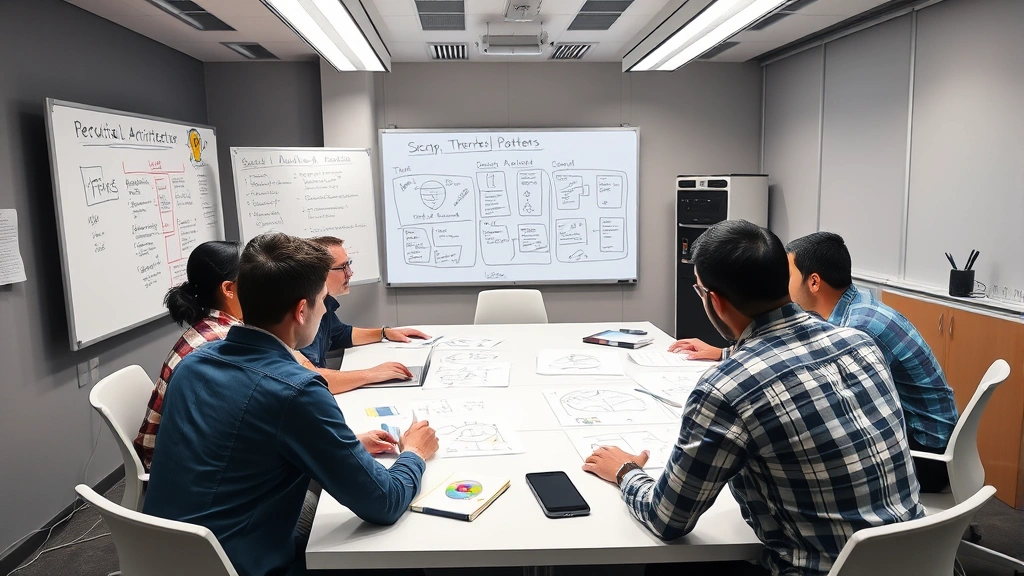 Software development team in collaborative meeting discussing security architecture, with whiteboards showing threat models and security design patterns, focused on application protection