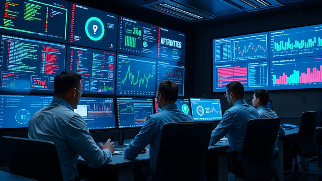 Security operations center with analysts monitoring real-time threat intelligence feeds, security alerts, and application performance metrics on large displays, high-tech environment