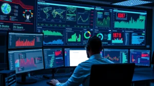 Professional cybersecurity analyst monitoring multiple dashboard screens displaying real-time vulnerability data, network threats, and security metrics in a modern security operations center