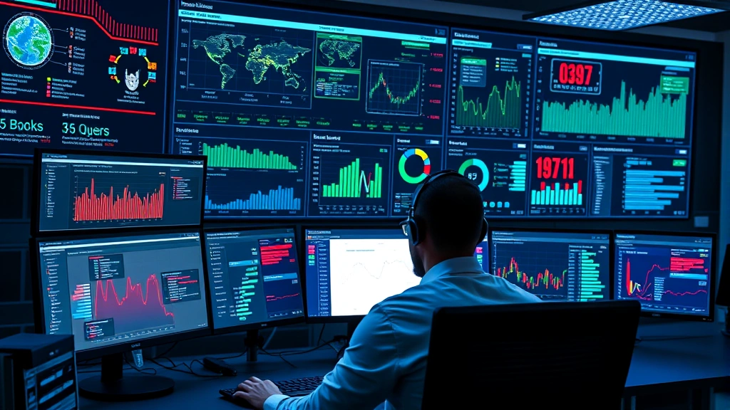 Professional cybersecurity analyst monitoring multiple dashboard screens displaying real-time vulnerability data, network threats, and security metrics in a modern security operations center