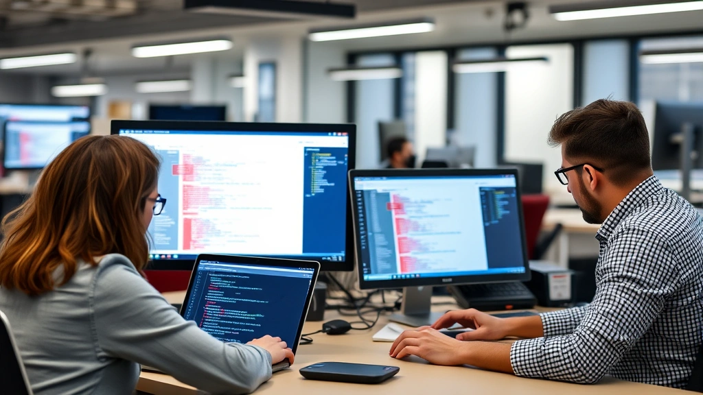 Development team collaborating in an office setting with visible laptop screens showing code review and security testing integration, demonstrating DevSecOps workflow and teamwork