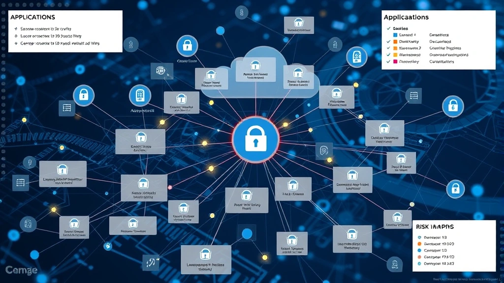 Digital visualization of interconnected applications, cloud services, and infrastructure nodes with security assessment overlays, showing comprehensive application inventory and risk mapping