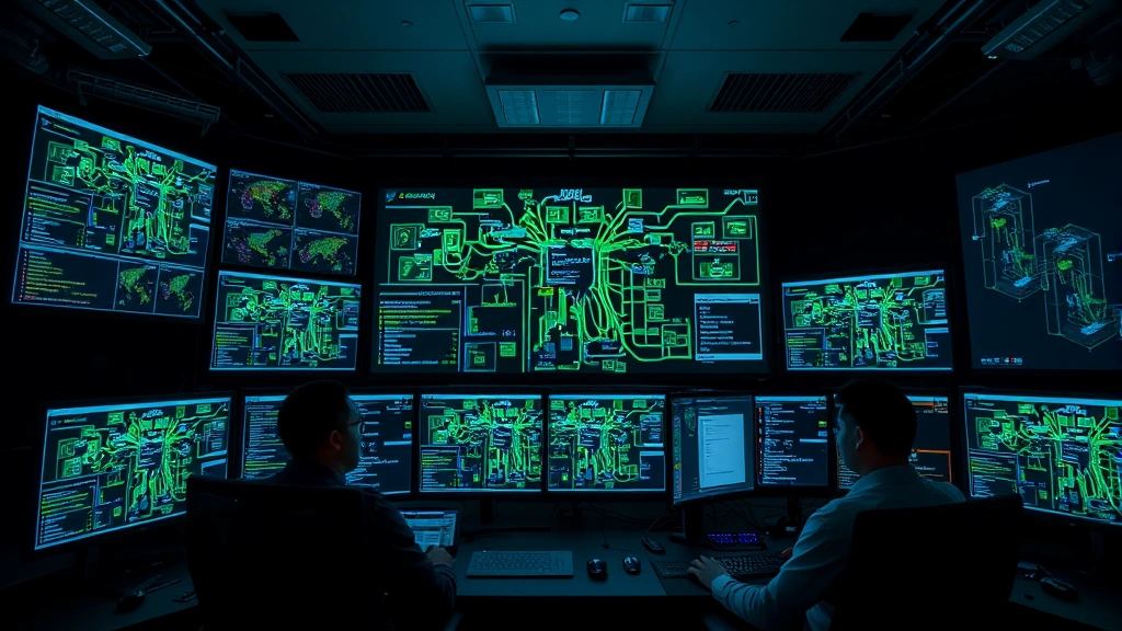 Professional network security operations center with multiple monitors displaying fire system network architecture diagrams, green and blue network visualization, cybersecurity professionals monitoring data flows in real-time, dimly lit command center with ambient lighting, no visible text or code on screens, focused on network infrastructure visualization and threat monitoring