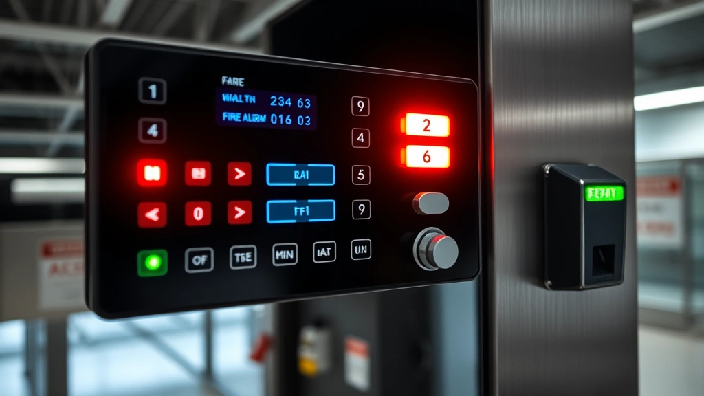 Close-up of fire alarm control panel with LED indicators and status lights illuminated in a modern building, showing authentication interface with biometric scanner and access control keypad, secure facility environment with restricted access signage visible, professional installation quality, highlighting security integration with fire safety equipment