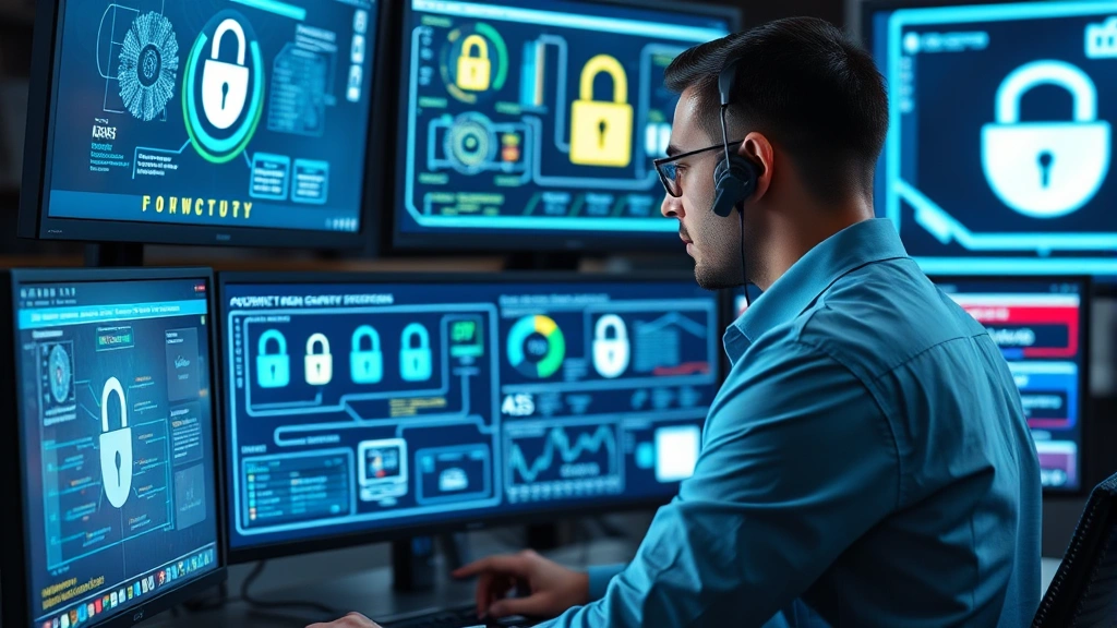 Cybersecurity professional analyzing authentication protocols on multiple monitors displaying security dashboards and encryption locks, surrounded by digital security indicators and threat detection systems