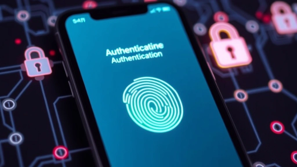 Close-up of smartphone screen showing biometric fingerprint authentication in progress with glowing security indicators and digital authentication locks surrounding the device