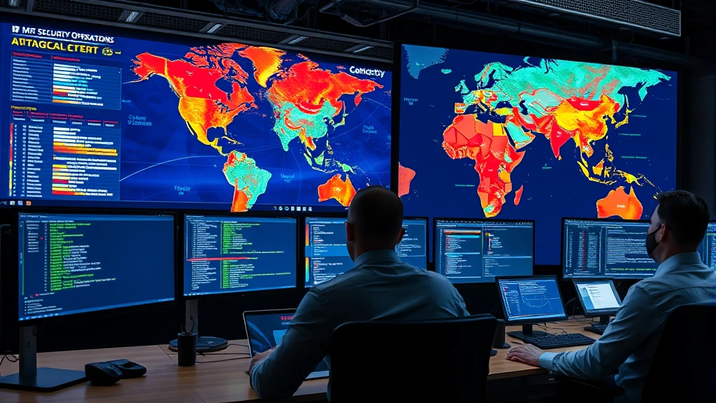 Network security operations center with analysts monitoring real-time login attempts and session security, displaying heat maps of global authentication threats and security event streams