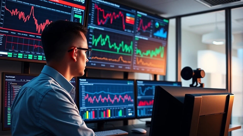 Cybersecurity professional monitoring multiple screens displaying network traffic graphs and threat detection dashboards in a modern security operations center