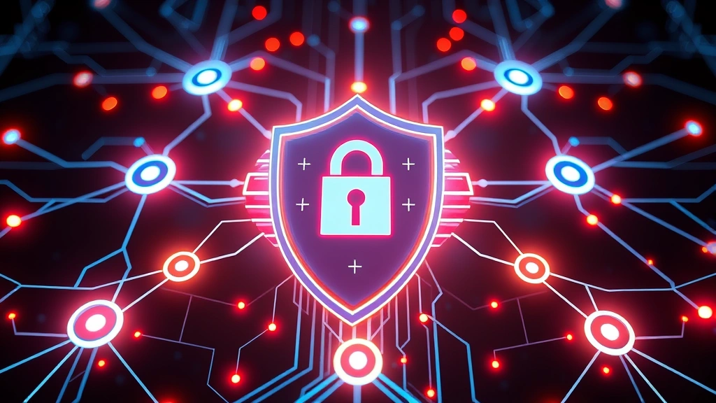 Digital shield protecting interconnected network nodes with glowing data streams and cyber threat symbols being blocked by security barriers