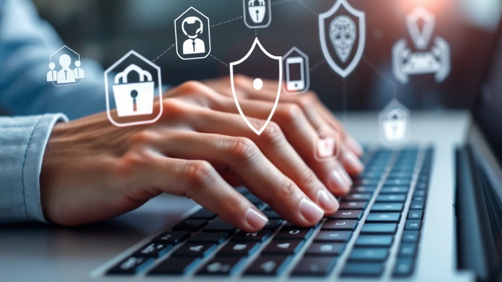 Close-up of hands typing on keyboard with holographic cybersecurity icons floating above, representing advanced threat protection and real-time monitoring systems