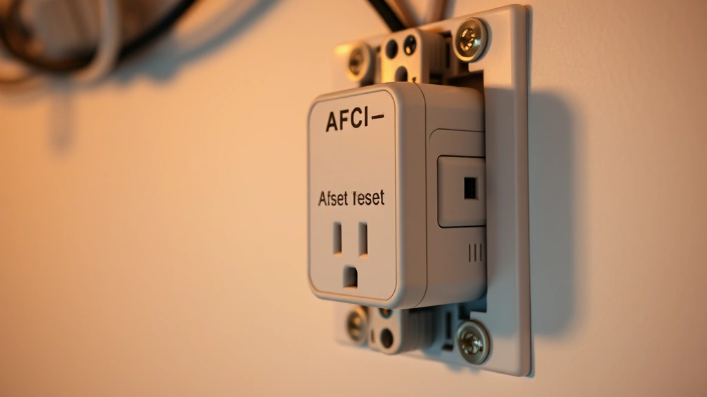Close-up of a modern AFCI outlet device mounted in residential wall outlet, showing test and reset buttons clearly visible, warm neutral lighting, realistic electrical installation setting