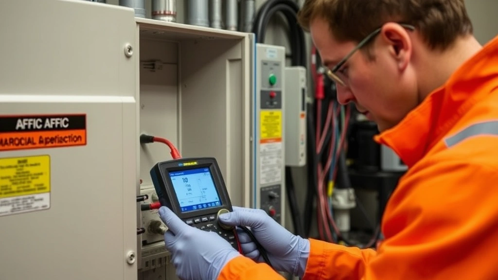 Technician using testing equipment on AFCI device, hands-on demonstration of maintenance protocol, professional setting, focused on device connections and testing points, realistic workplace environment