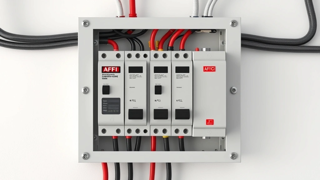 Photorealistic image of a residential electrical panel with modern circuit breakers installed, showing AFCI device indicators and test buttons, mounted on a white wall in professional installation setting