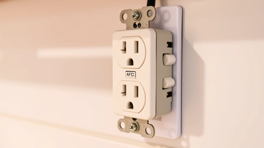 Detailed close-up photograph of an electrical outlet with AFCI protection device, showing the test and reset buttons clearly visible, mounted in a kitchen countertop area with neutral background