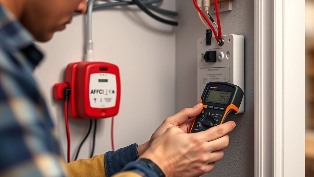 Photorealistic image of a professional electrician using a digital multimeter to test an AFCI device for proper operation, showing hands-on electrical testing in a modern residential setting