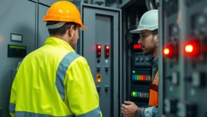 Professional electrician in protective gear inspecting industrial switchgear cabinet with LED status indicators illuminated, representing safe electrical infrastructure monitoring and maintenance in a modern facility