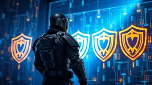 Armored security professional standing before holographic network defense shields, blue and gold light emanating from digital fortress walls, photorealistic corporate security operations center aesthetic